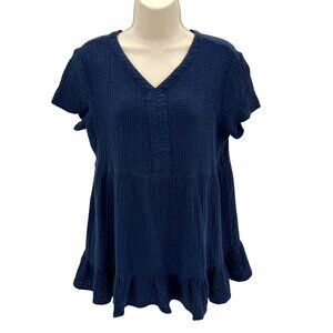 Beachlunchlounge Womens Navy Blue Gauze Cotton Ruffle Hem Short Sleeve Top S